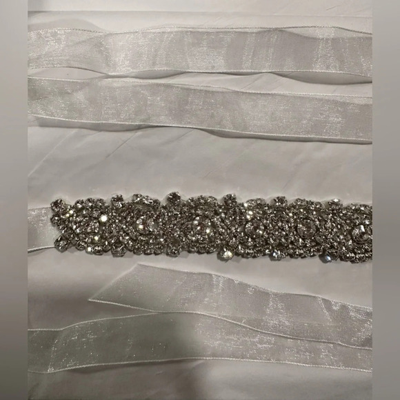 NWT Davids Bridal Wedding Dress Belt Slim Crystal Patterned Sash with Ribbon Tie - Picture 4 of 9